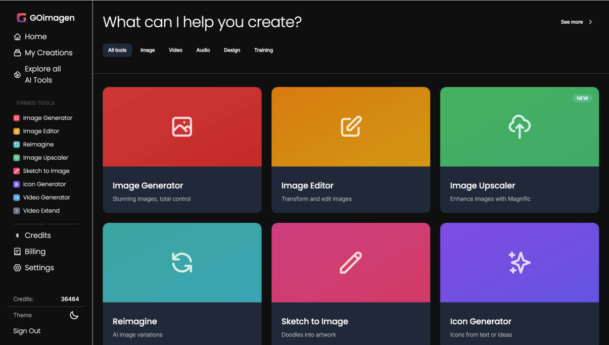 Screenshot of GoImagen dashboard showing AI tools